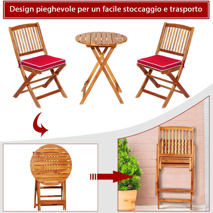 Set Tavolo e Sedie da Giardino, Set Mobili da Giardino Pieghevoli 3 Pezzi in Legno di Acacia, con Cuscini, Arredo Giardino per Giardino Terrazzo Balcone (Cuscini Rossi)