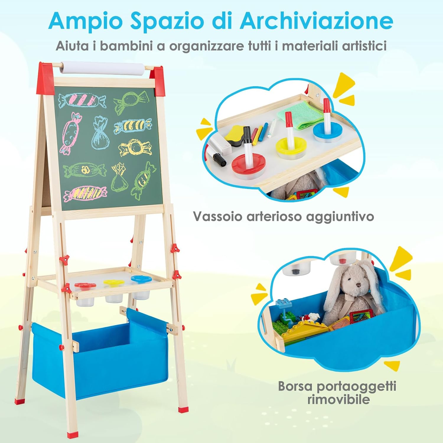 Cavalletto per Bambini Regolabile in Altezza in Legno, Cavalletto a Doppio Lato con Lavagna Magnetica e Bianca, con Scatola, Magneti con Lettere e Numeri, per Bambini 3-8 Anni