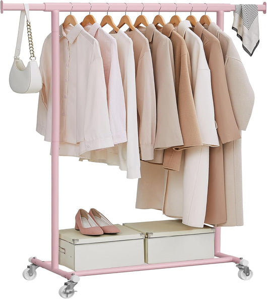 Stand Appendiabiti con Ruote, Attaccapanni Estensibile per Carichi Pesanti, Portata Totale 100 kg, 45 x (92-132) x 161,5 cm, Facile da Montare e Spostare, Rosa Pastello HSR013R01
