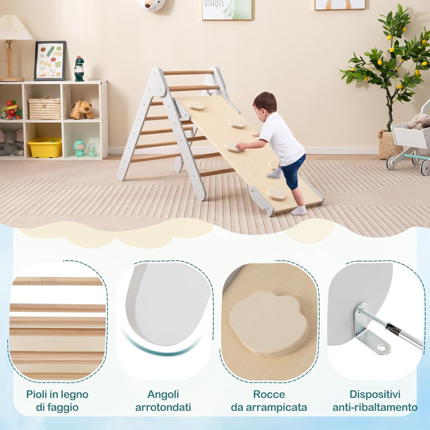 3 in 1 Arrampicata Giocattolo a Triangolo per Bambini, Set di Arrampicata con Rampa di Scivolo a 2 Lati e Inclinazione Regolabile, Arrampicatore per Bambini 1 Anno+ (Grigio)
