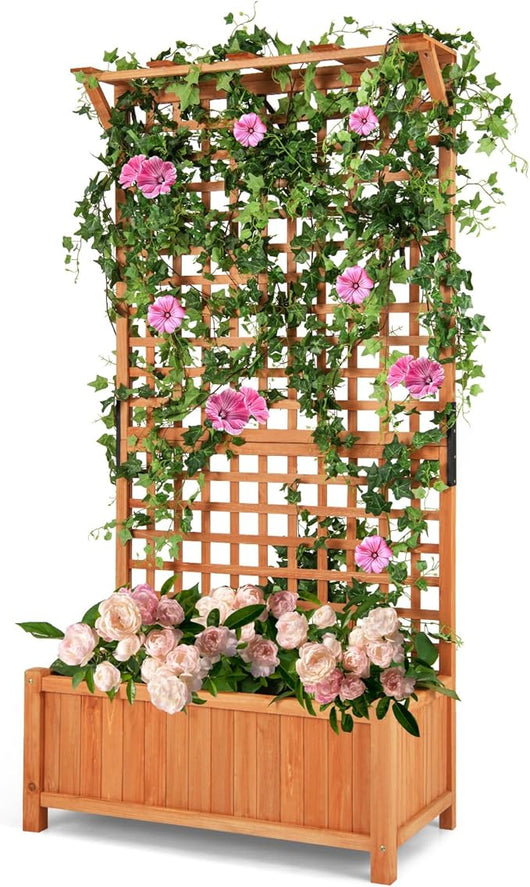 Fioriera da Esterno con Grigliato e Tettuccio, Fioriera in Legno da Interno Esterno con Fori di Scarico, Vaso con Spalliera per Piante Rampicanti Viti Fiori