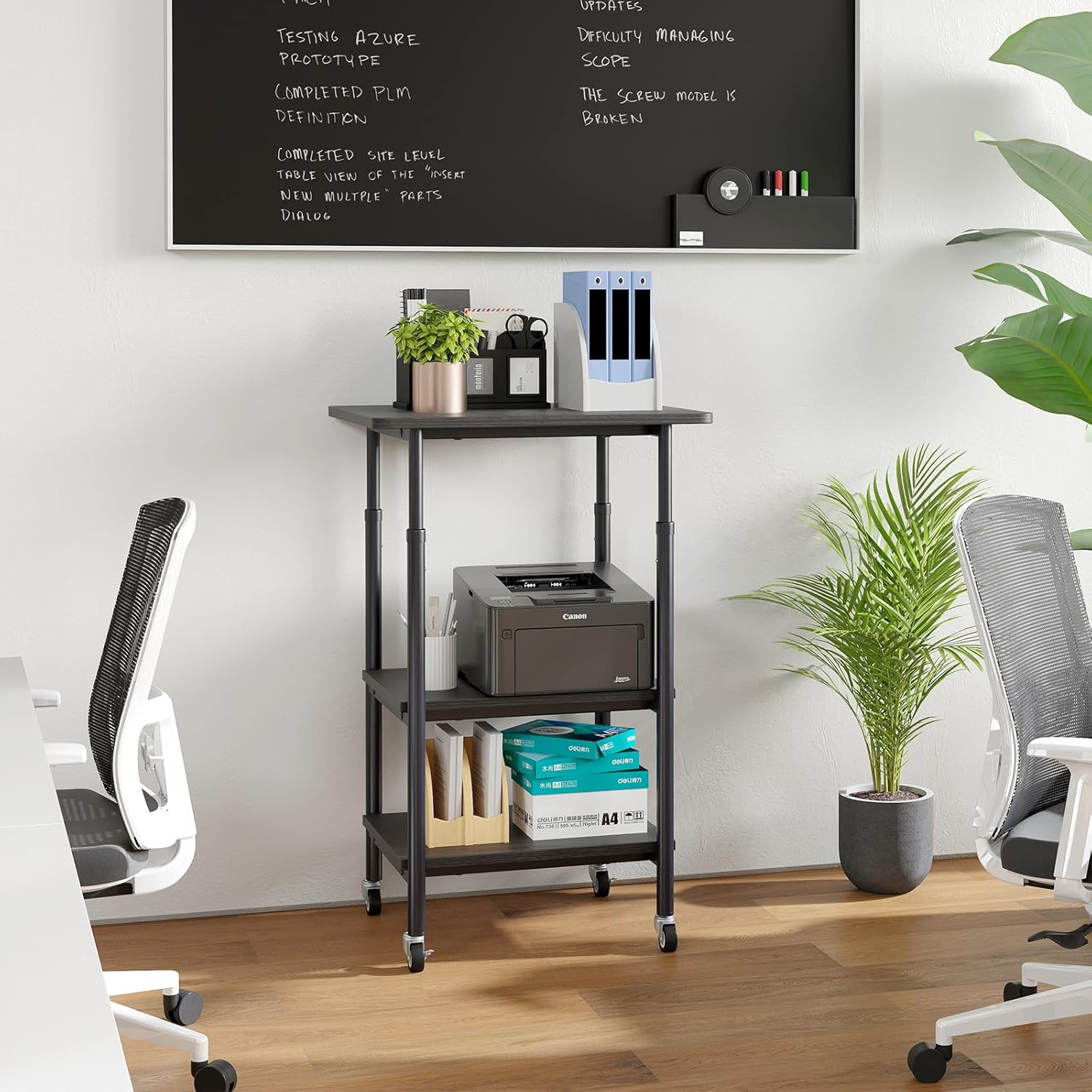 Supporto per Stampante, Carrello Stampante a 3 Livelli con Ripiani di Stoccaggio e Ruote con Blocco, Altezza Regolabile, per Stampante 3D Scanner Fax, 49 x 40 x 65/77 cm (Nero)