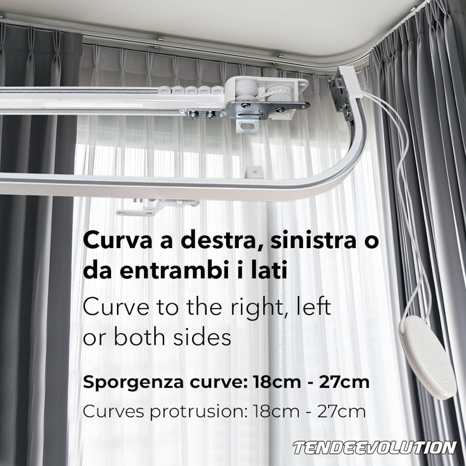Binario Scorritenda da Parete in Alluminio Bianco, Curve Sporgenti 22cm, Movimento a Corda, Apertura Sinistra CM lunghezza 100cm