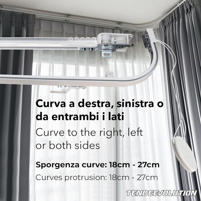 Binario Scorritenda da Parete in Alluminio Bianco, Curve Sporgenti 22cm, Movimento a Corda, Apertura Destra CM lunghezza 100cm
