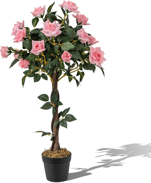 Albero Artificiale con Fiori, Albero di Fiori Finti da 93 CM con Rose, Vaso, Tronco in Legno Reale, Senza Manutenzione, Pianta Finta in Vaso per Ufficio, Casa e Portico