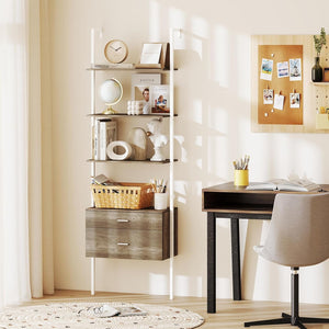 Libreria a Scala 184 cm, Scaffale da Parete a 6 Ripiani con 2 Cassetti e Struttura in Metallo, Ripiano Espositivo Aperto Moderno per Soggiorno Studio Ufficio, 60 x 30 x 184 cm (Naturale)