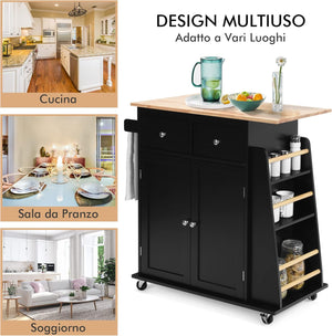 Carrello Cucina con Ruote, Carrello di Servizio con 2 Cassetti e Portaspezie, Portasciugamani e 2 Porte, Ideale per Casa Ristorante e Bar, 88x45x89,5 cm (Nero)