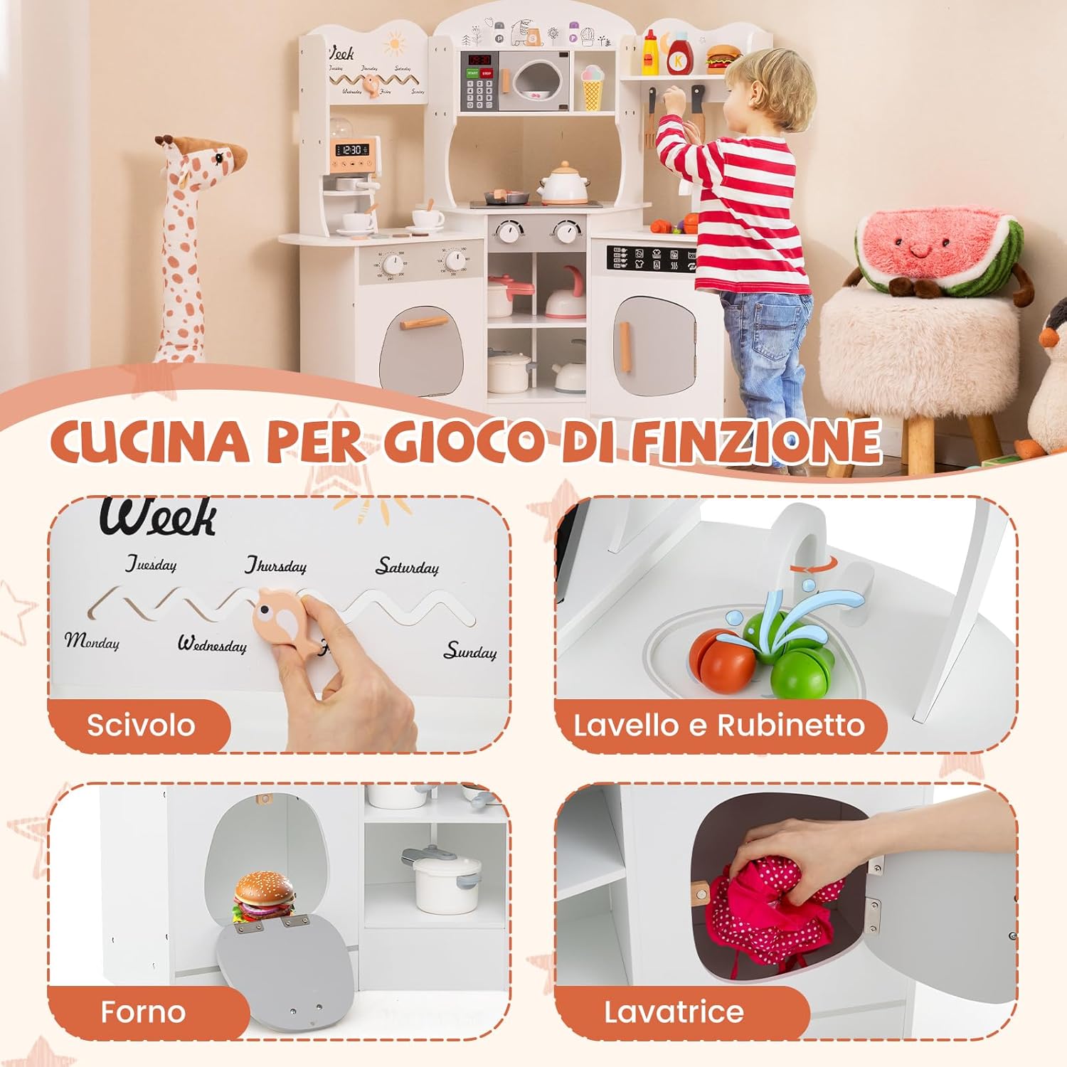 Cucina Giocattolo Angolare con Fornelli e Micronde da Suoni e Luci, Cucina per Bambini in Legno con Macchina Caffè, Lavandelo, Forno e Lavatrice, Set Cucina con Accessori (Bianco)
