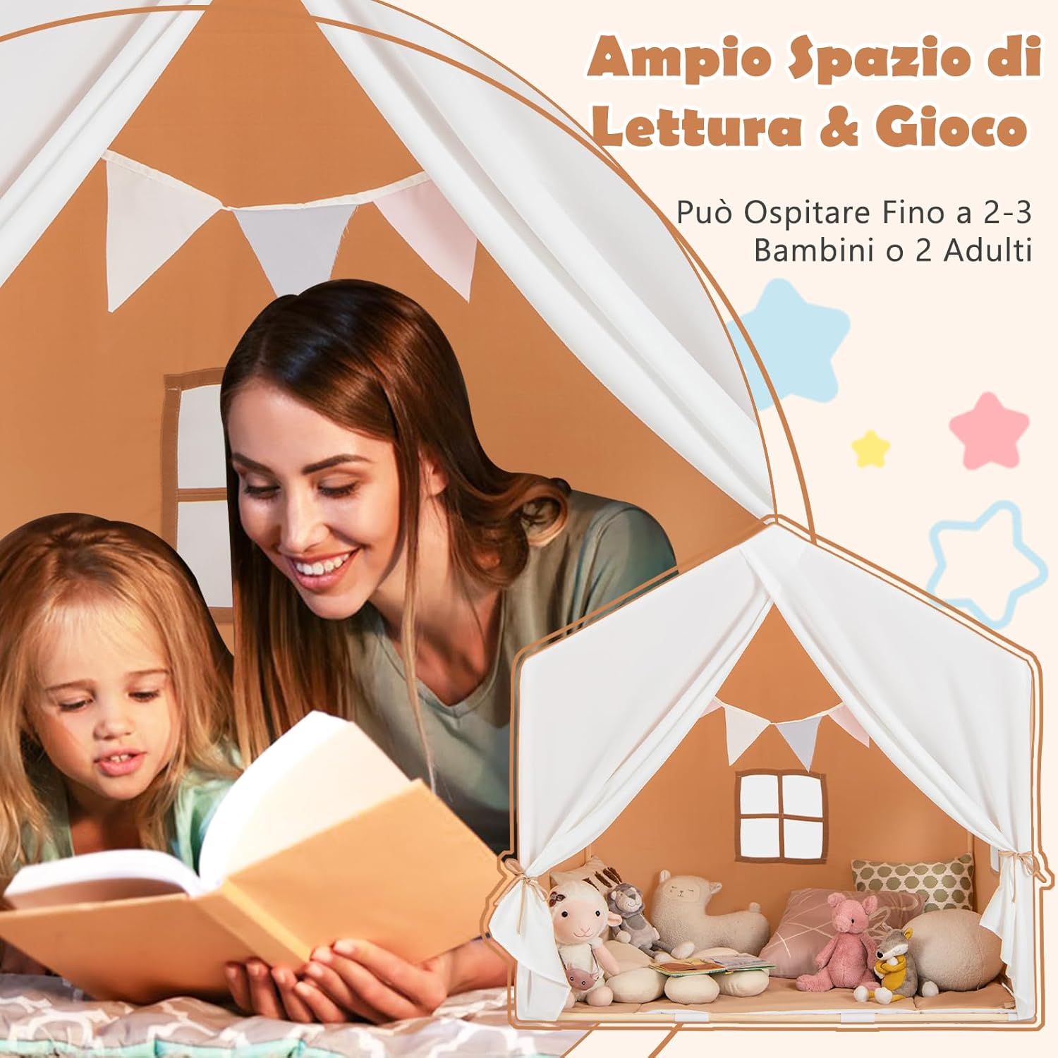 Tenda da Gioco per Bambini, Tenda per Bambini con Finestre Tappetino Lavabile in Cotone e Bandiera, Castello da Gioco per Bambini 3 Anni + (Marrone chiaro)