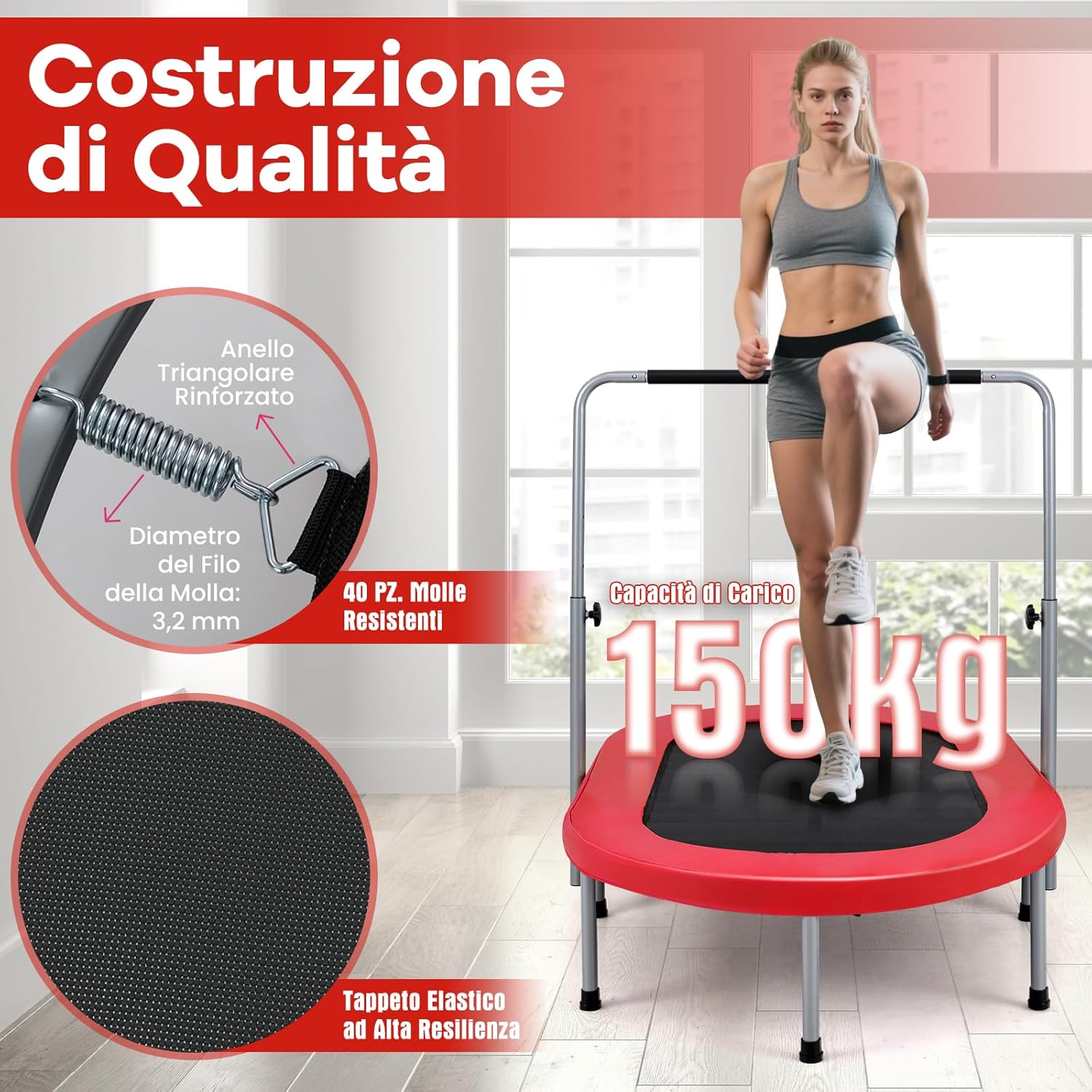 Trampolino Elastico da Interno ed Esterno, Tappetino Elastico Pieghevole per Adulti e Bambini con Maniglia Regolabile, Molle e Cuscinetto di Sicurezza, Trampolino Ovale per 2 Persone