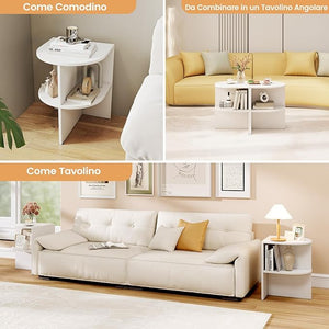 Tavolino da Salotto Semicircolare, Tavolino a 2 Ripiani a Forma di Mezzaluna con Ripiani Aperti, Tavolo per Spazi Ridotti da Soggiorno e Camera da Letto, Bianco (1)