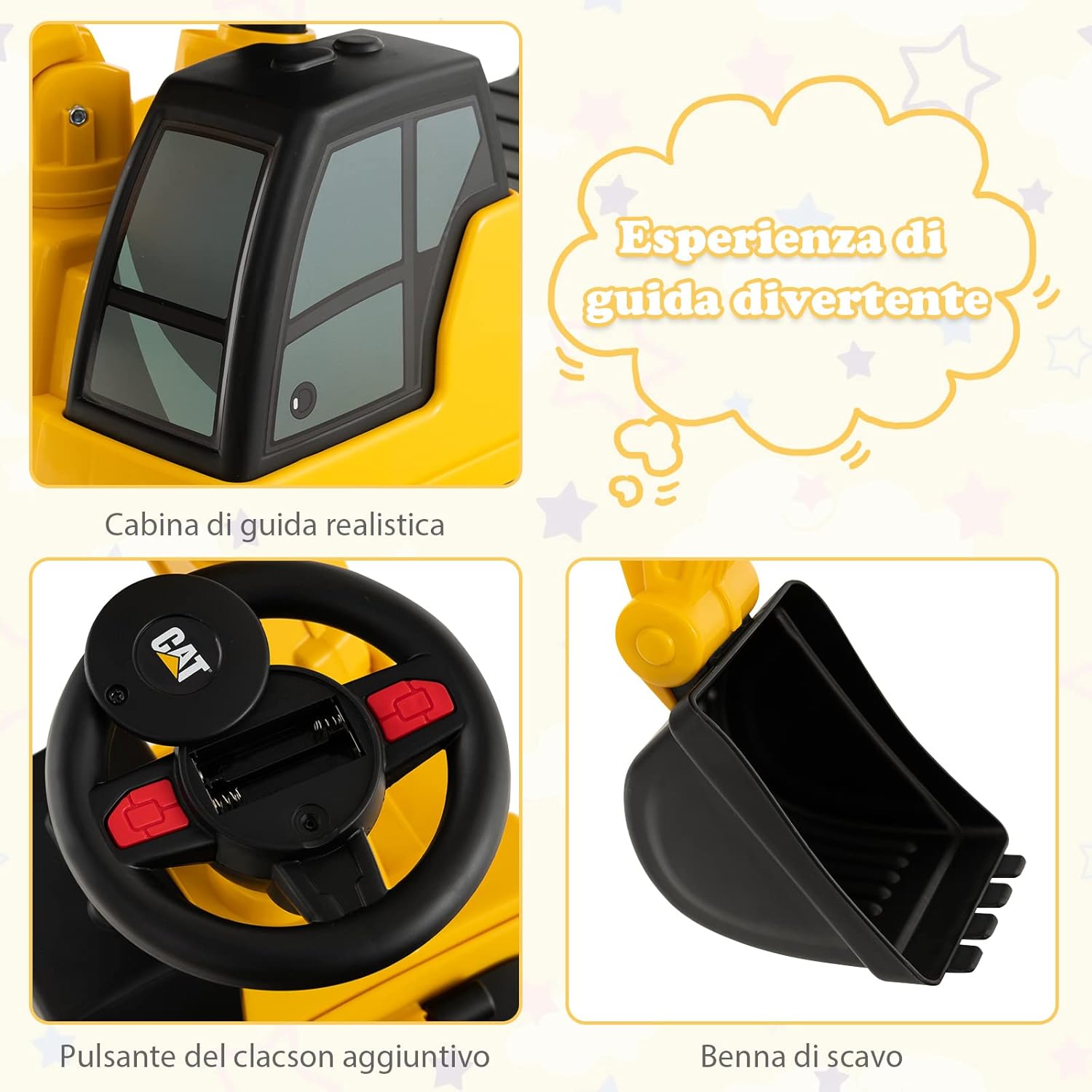 Escavatore Giocattolo Cavalcabile, Ruspa per Bambini con Benna da Scavo Girevole, Clacson e Spazio di Archiviazione Nascosto, Regalo per Bambini 1-3 Anni, Giallo (Stile 2)