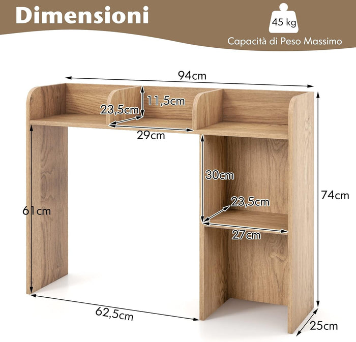 Scaffale da Scrivania in Legno, Libreria da Tavolo Salvaspazio con 4 Ripiani e Scomparto Aperto, Scaffale Espositivo per Computer, Casa Ufficio, 94x25x74 cm (Naturale)