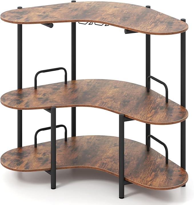 Tavolo da Bar 120 x 66 x 102 cm, Portabottiglie Vino a 3 Ripiani con Portabicchieri e Mensole di Stoccaggio, Isola Cucina Industriale per Bistro (Marrone)