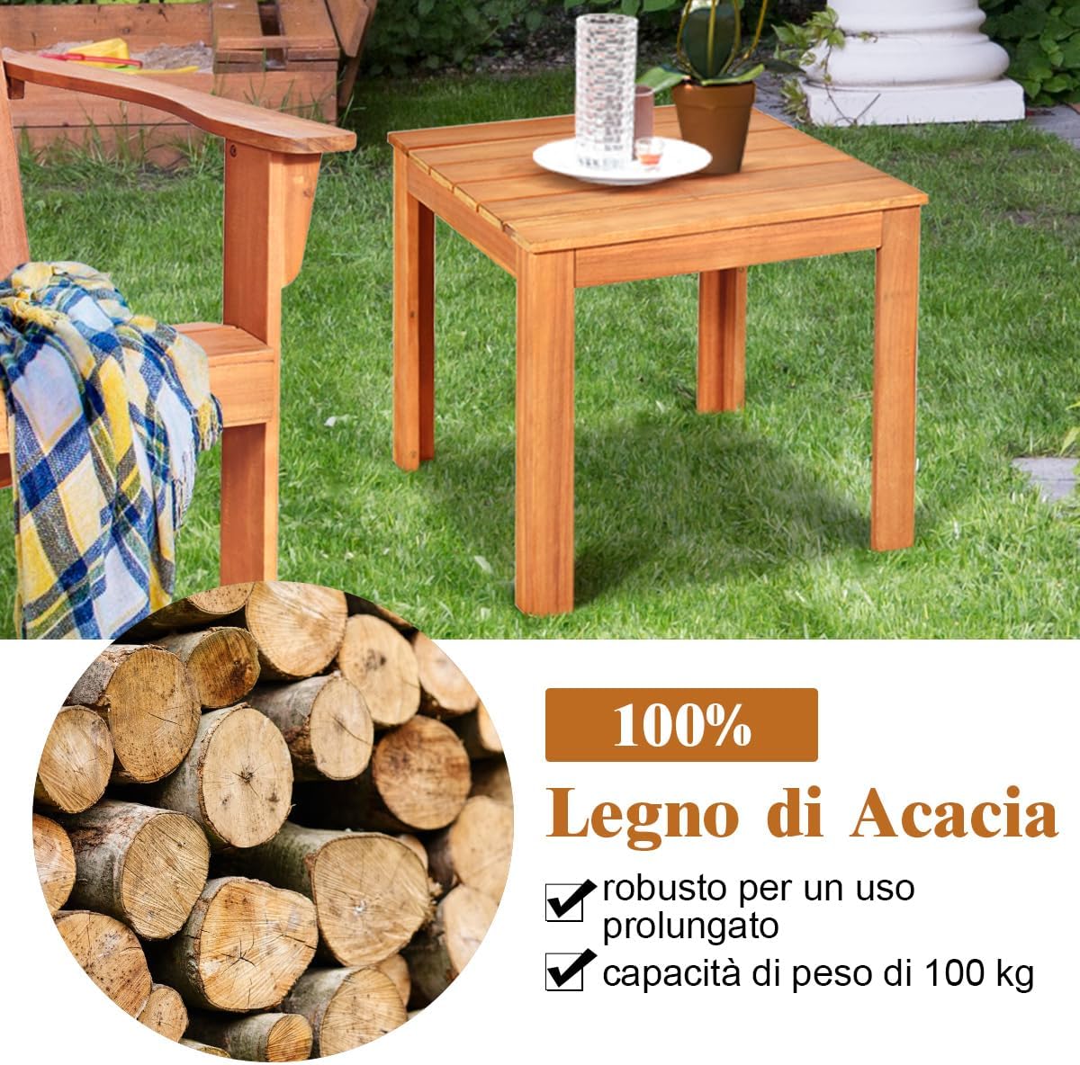 Tavolino da Esterno in Legno di Acacia, Tavolino Quadrato e Resistente, Tavolo Laterale da Giardino, per Balcone Piscina, Portata 100 kg