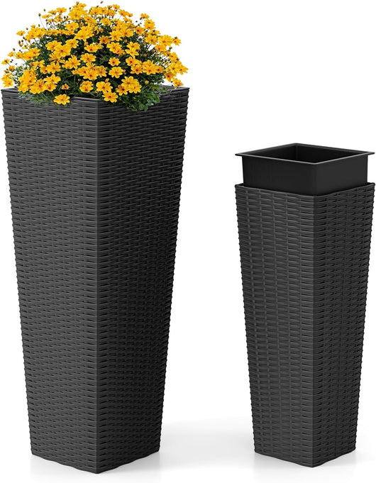2 Vasi Alti per Piante da Interno ed Esterno, Grandi Fioriere in Rattan con Vassoi Interni Rimovibili, Fori di Drenaggio, Fioriere Decorative per Giardino, Cortile e Balcone (Nero)