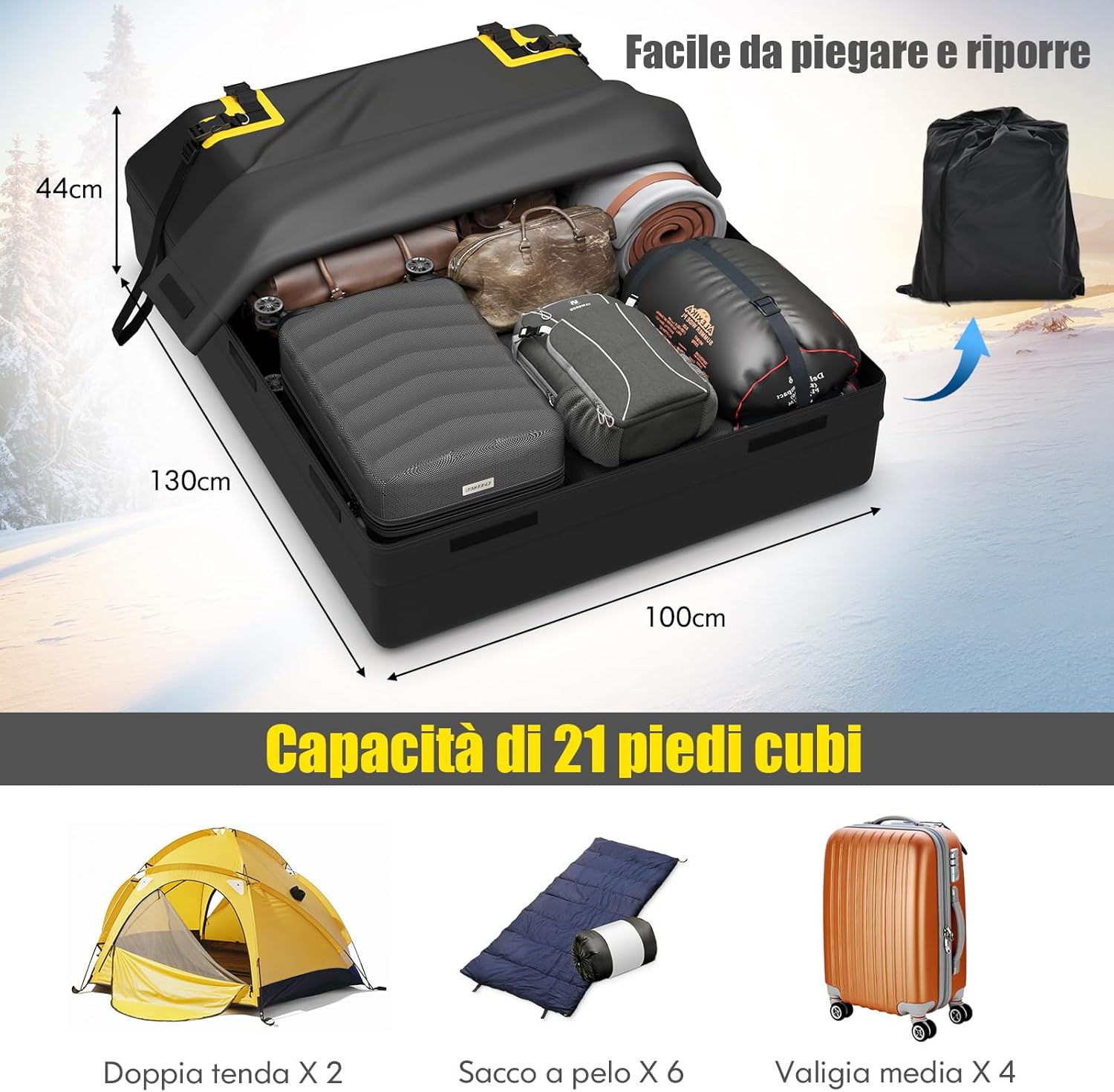 Borsa per Tetto Auto, Borsa Portapacchi Impermeabile per Tutti i Veicoli con/Senza Barre Portapacchi, con Tappetino Antiscivolo, Corda, Lucchetto e Ganci (100 x 130 x 43 cm)