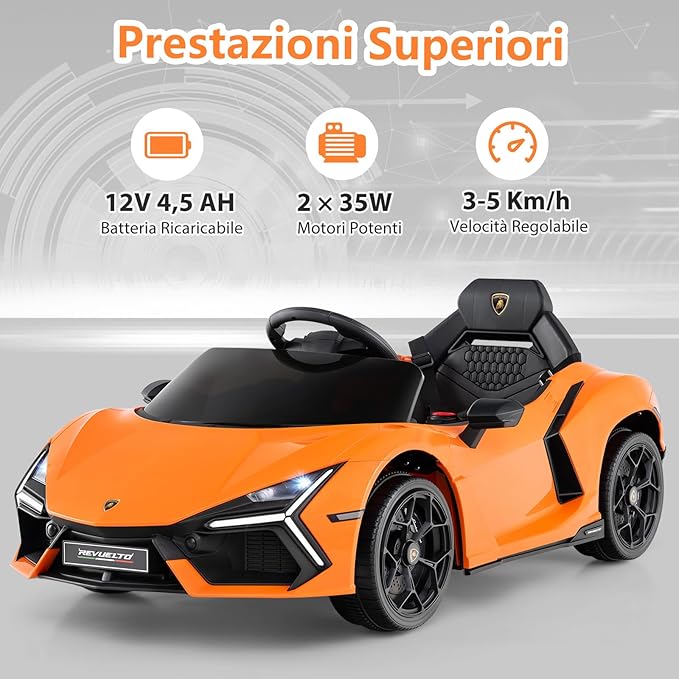 Lamborghini 12V Auto Elettrica per Bambini, Veicolo Elettrico Cavalcabile con Telecomando Luci LED Musica, 3-5 Km/h, per Bambini 37-95 Mesi (Arancia)