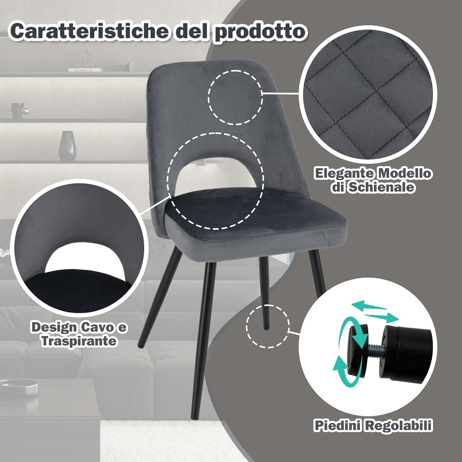 Set 2 Sedie da Pranzo, Sedie Imbottita con Cuscino in Spugna, Gambe in Metallo, Piedini Regolabili 60 x 46 x 84 cm, Capacit¨¤ di Carico 150 kg, per Soggiorno, Ristorante e Caff¨¨, Grigio