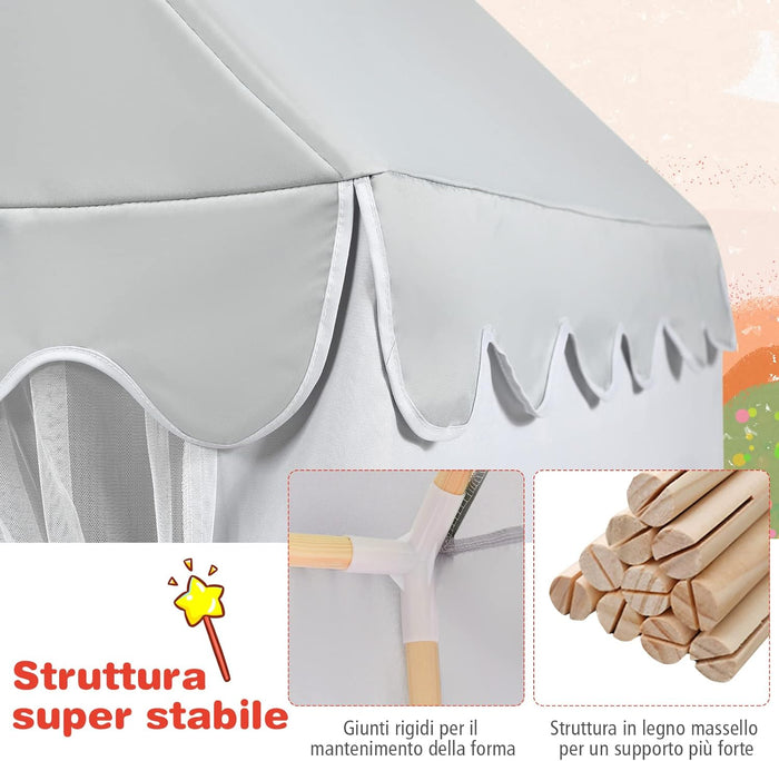 Tenda da Gioco per Bambini, Casetta per Bambini con Struttura in Solido Legno, Tappetino di Cotone, Tenda a Rete e Finestre, 105x120x140 cm (grigio)