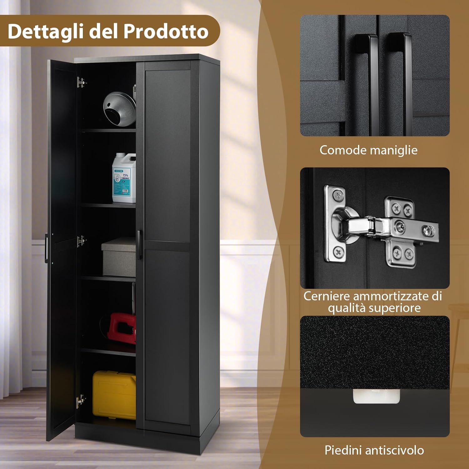 Armadio Alto di Stoccaggio a Pavimento con 2 Ante, Mobile Multiuso con Ripiani Regolabili, Armadietto di Stoccaggio in Legno Capacità di Carico di 90 kg, 59 x 43,5 x 178 cm (nero)
