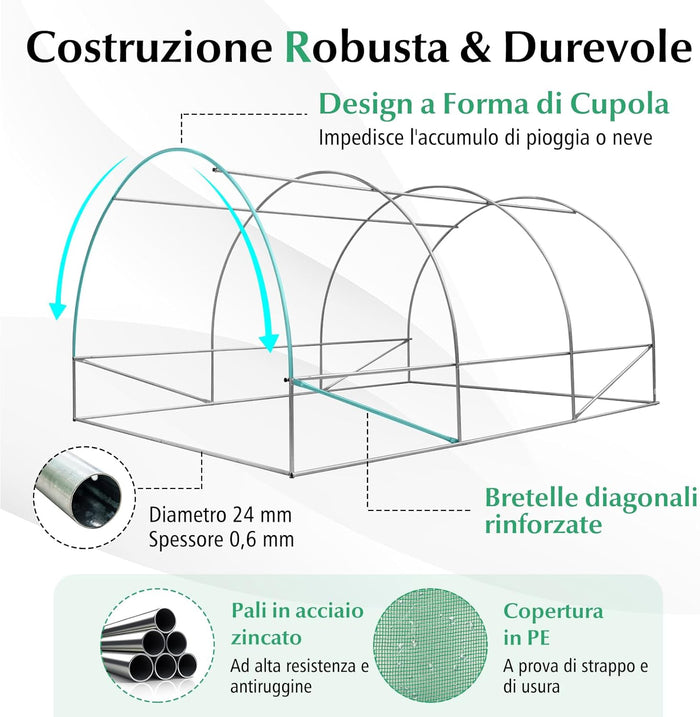 Serra da Giardino, Serra Tunnel per Orto e Piante con Copertura Resistente, Struttura Robusta in Acciaio Zincato, Finestre Avvolgibili e Porte con Cerniera (400 x 300 x 200 cm)