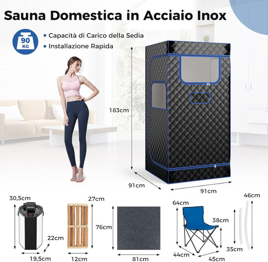 Sauna a Vapore Portatile 3L, Sauna da Casa con 9 Livelli di Regolazione della Temperatura da 35-63℃, Telecomando, Sedia Pieghevole e Massaggiatore per Piedi in Legno (Nero)