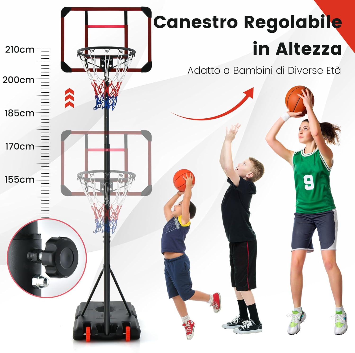 Canestro da Basket Regolabile in Altezza 193-248 CM, Canestro da Basket da Esterno ed Interno con Ruote e Supporto per Pallone, Canestro da Basket per Parco, Casa e Giardino
