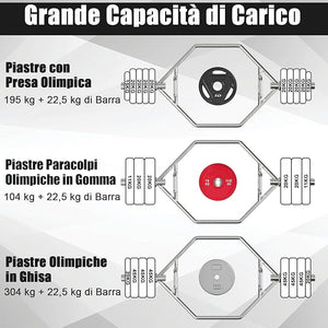 Barra della Trappola Olimpica, Barra Esagonale Pieghevole con Manici Zigrinati, Manicotti 25 cm e Molle, Olympic Hex Trap Bar per Sollevamento Pesi e Bodybuilding, Carico 363 kg(Argento)
