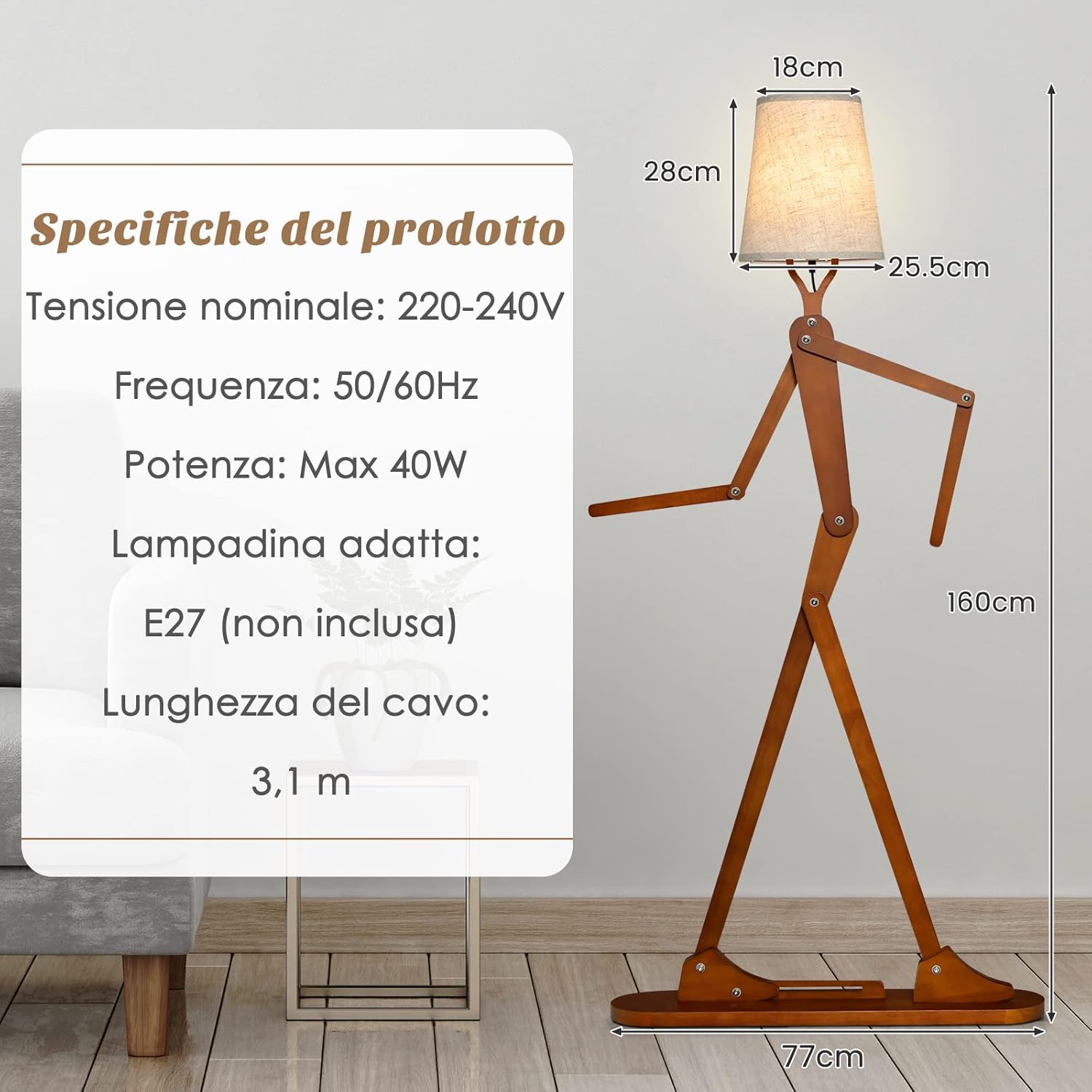 Lampada da Terra in Legno, Piantana Umanoide Decorativa ad Angolo con Articolazioni Regolabili, Paralume in Tessuto e Interruttore a Pedale, Lampa a Stelo da Salotto e Camera da Letto