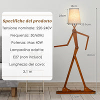 Lampada da Terra in Legno, Piantana Umanoide Decorativa ad Angolo con Articolazioni Regolabili, Paralume in Tessuto e Interruttore a Pedale, Lampa a Stelo da Salotto e Camera da Letto