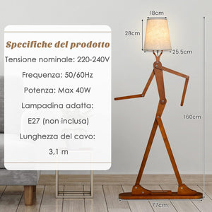 Lampada da Terra in Legno, Piantana Umanoide Decorativa ad Angolo con Articolazioni Regolabili, Paralume in Tessuto e Interruttore a Pedale, Lampa a Stelo da Salotto e Camera da Letto
