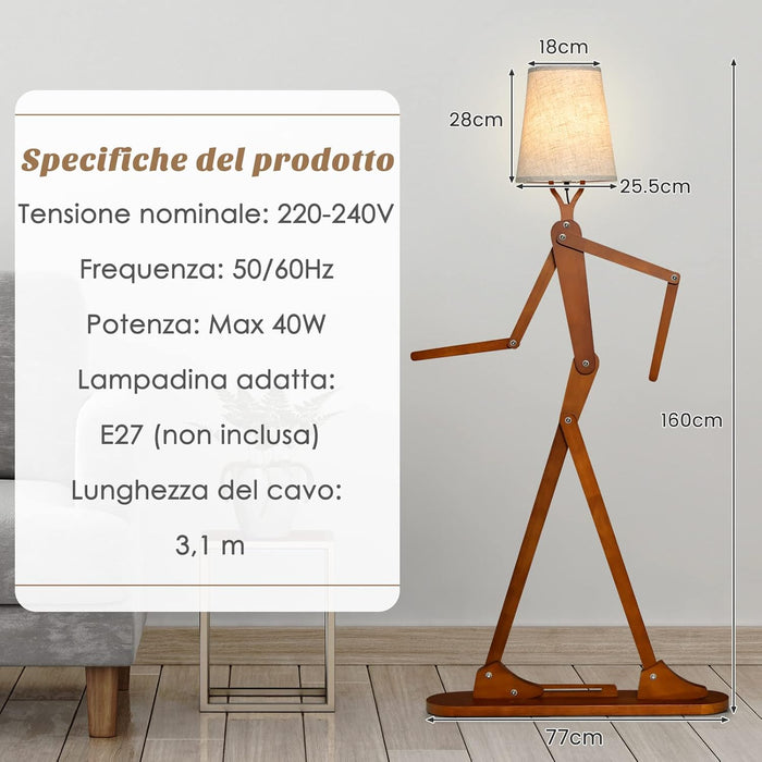 Lampada da Terra in Legno, Piantana Umanoide Decorativa ad Angolo con Articolazioni Regolabili, Paralume in Tessuto e Interruttore a Pedale, Lampa a Stelo da Salotto e Camera da Letto