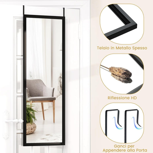 Specchio da Parete Lungo 108 x 36,5 cm, Specchio a Figura Intera Appendere con Cornice in Legno e Ganci, 2 Metodi di Montaggio e Altezza Regolabile (Nero)