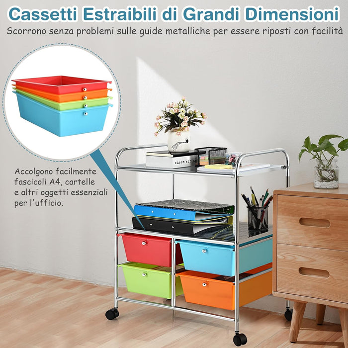Carrello con 4 Cassetti e 2 Ripiani, Carrello Portaoggetti con Ruote per Cucina Bagno Ufficio, Multiuso, 58,5x37x75 cm (Colorato 2)