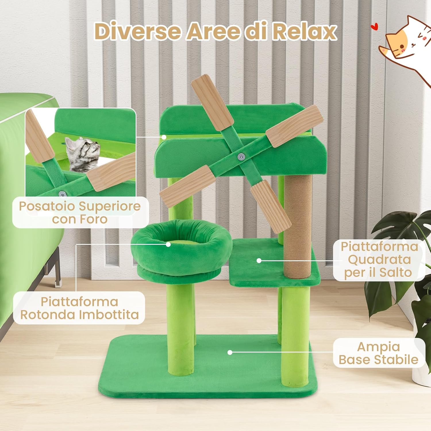 Tiragraffi a Forma di Mulino a Vento, Albero per Gatti con Lettino, Imbottitura Rotonda e Piattaforma Superiore con Paratie Anticaduta, Torre per Animali Domestici Interno, Verde e Naturale