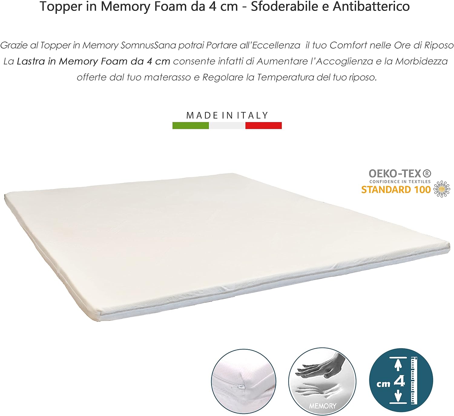 Topper Correttore Materasso piazza e mezza Memory 130x195 H4 Ortopedico Rigidità  media Sottovuoto Oeko-Tex