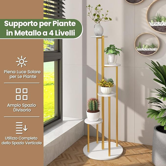 Scaffale per Piante da Interno, Scaffale Portafiori a 5 Livelli, Portapiante con Telaio in Metallo per Salotto, Studio e Ufficio, 40 x 40 x 125 cm (Bianco e oro)