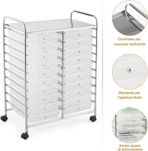 Carrello di Stoccaggio con 20 Cassetti, Carrello portaoggetti con 4 Ruote, Carrello Multiuso per Scuola Ufficio Cucina, 64 x 39 x 88 cm (Trasparente)