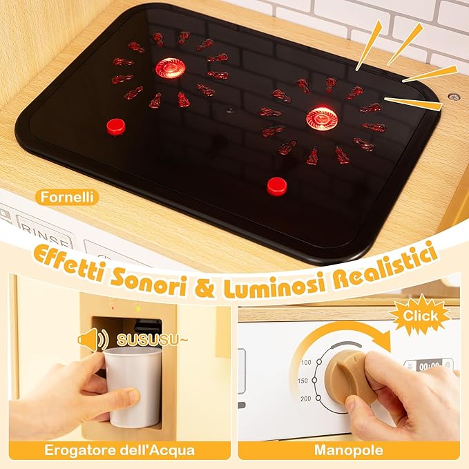 Cucina Giocattolo per Bambini, Cucina Legno per Bambini con Luci, Suoni, Frigorifero, Distributore d'Acqua, Lavatrice, Accessori Ricchi e Ante in Rattan, per 3 Anni+ (Giallo Caldo)
