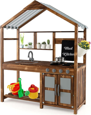 Set da Cucina per Bambini, Cucina da Giardino con Tettoia, Rubinetto Girevole e Lavello Rimovibile, Fornelli e Manopole Realistici, Lavagna, per Bambini 3-7 Anni