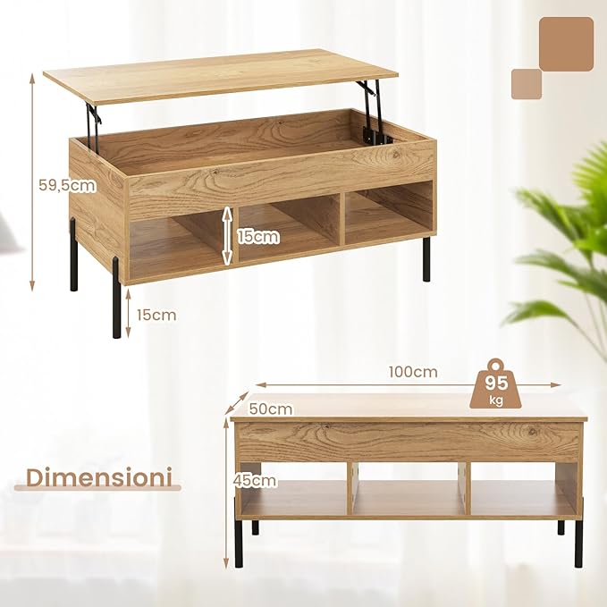 Tavolino da Caffè Sollevabile, Tavolo da Salotto con Piano Sollevabile, Ampio Comparto Nascosto e 3 Scomparti Aperti, Tavolo da Cocktail con Gambe in Metallo