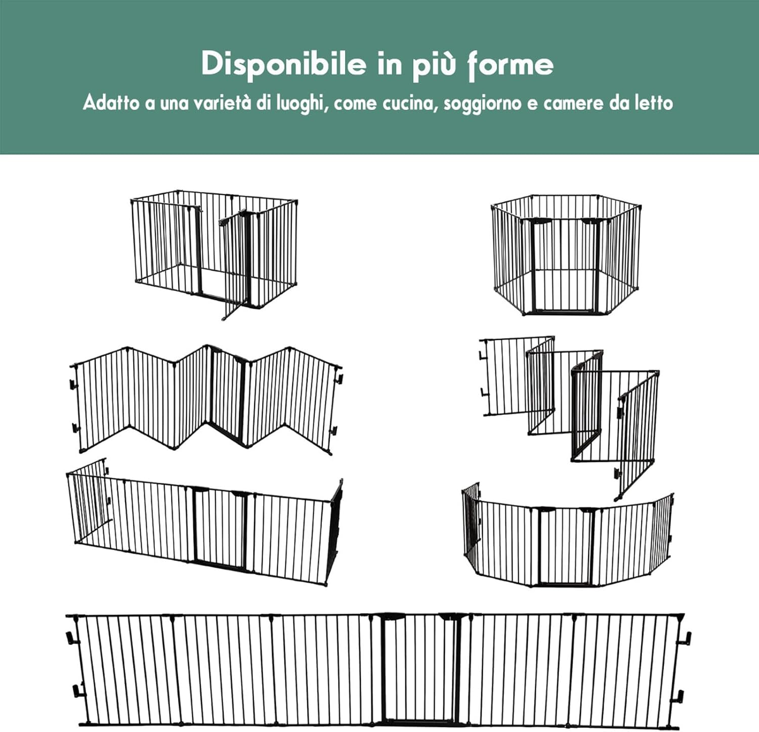 Cancelletto Pieghevole in Ferro per Camino e Scale, Cancello con 6 Pannelli per Bambini, Cani e Gatti, Barriera Protettiva da Interno ed Esterno, 2 Colori Disponibili, 380 x 74,5cm (Nero)