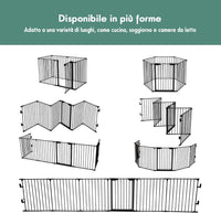 Cancelletto Pieghevole in Ferro per Camino e Scale, Cancello con 6 Pannelli per Bambini, Cani e Gatti, Barriera Protettiva da Interno ed Esterno, 2 Colori Disponibili, 380 x 74,5cm (Nero)