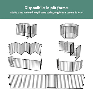 Cancelletto Pieghevole in Ferro per Camino e Scale, Cancello con 6 Pannelli per Bambini, Cani e Gatti, Barriera Protettiva da Interno ed Esterno, 2 Colori Disponibili, 380 x 74,5cm (Nero)