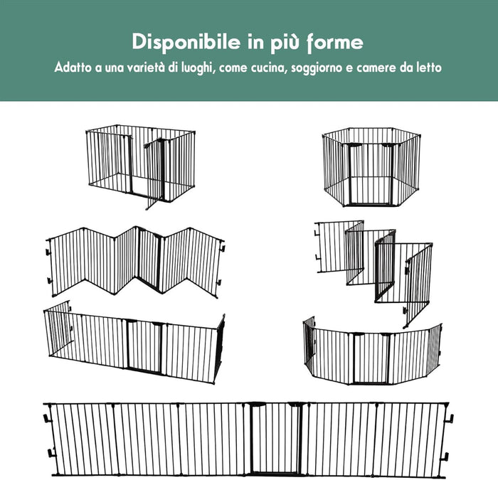 Cancelletto Pieghevole in Ferro per Camino e Scale, Cancello con 6 Pannelli per Bambini, Cani e Gatti, Barriera Protettiva da Interno ed Esterno, 2 Colori Disponibili, 380 x 74,5cm (Nero)
