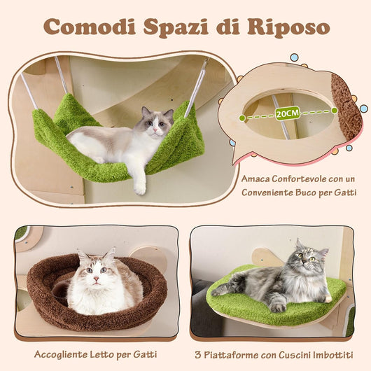 Torre per Gatti da Parete, Tiragraffi per Gatti da Interno con Mensole, Amaca, Pali e Tappetini Tiragraffi in Sisal e Cuscini Imbottiti Lavabili, Centro di Attività a 5 Livelli per Gattini