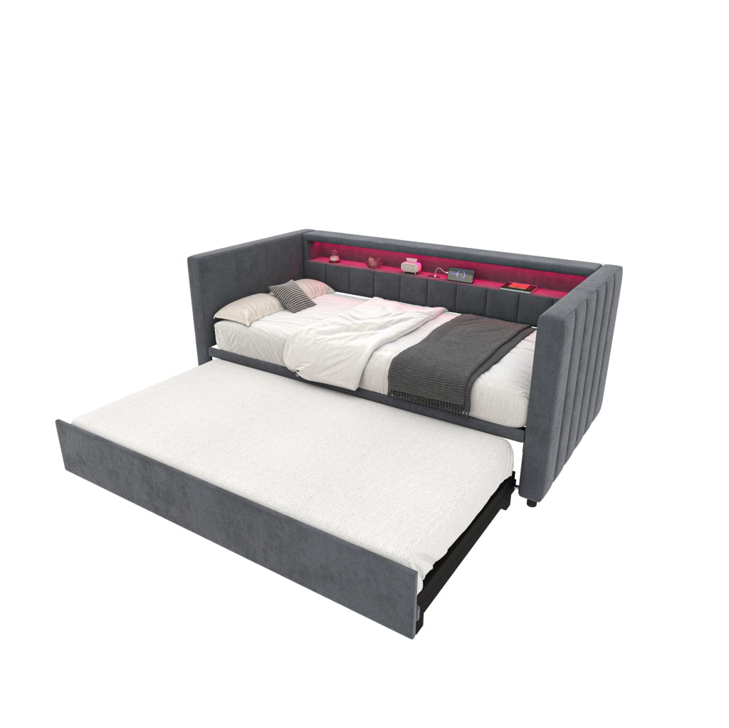 Letto estraibile 90x190 cm con LED e USB-Type-C in velluto grigio scuro