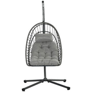 POLTRONA SOSPESA IN RATTAN PE CON CUSCINO, SEDUTA PIEGHEVOLE E STRUTTURA IN ACCIAIO, GRIGIO
