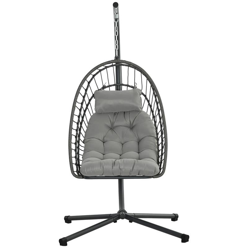 POLTRONA SOSPESA IN RATTAN PE CON CUSCINO, SEDUTA PIEGHEVOLE E STRUTTURA IN ACCIAIO, GRIGIO